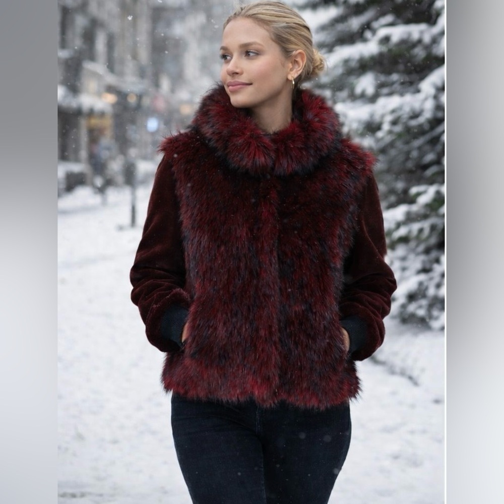 Sosken Gisela Faux Fur Coat in Burgundy Red Size S